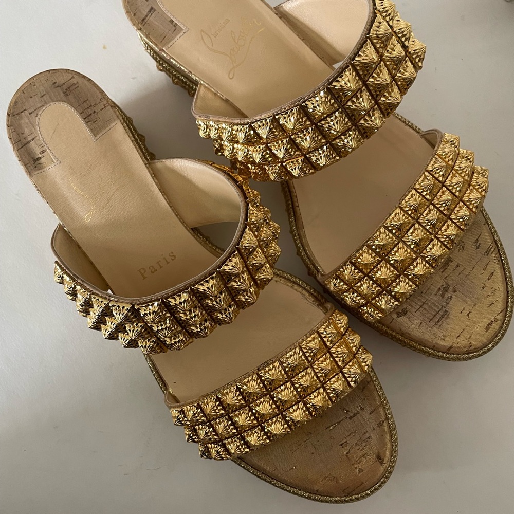 RARE Christian Louboutin Gold Spike Red Sole Platform Sandal Espadrille - Picture 14 of 16